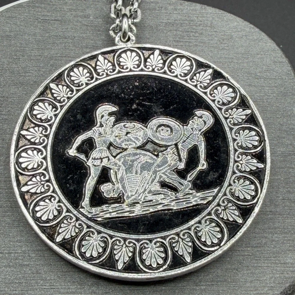 Greek Revival Parthenon Medallion Necklace Silver Tone Black Enamel Statement